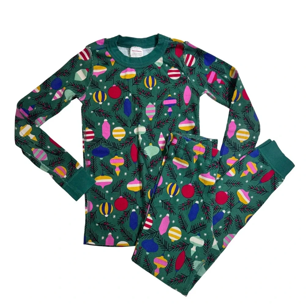 Hanna Andersson Pajama Set Size 8 Green Christmas Ornament Organic Cotton PJ Set